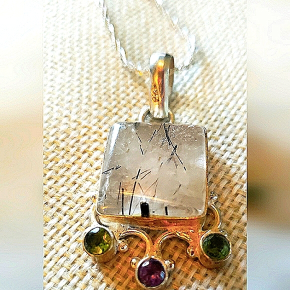 SOLD-Rutile Quartz, Peridot, and Amethyst Sterling Silver Necklace - Picture 3 of 12